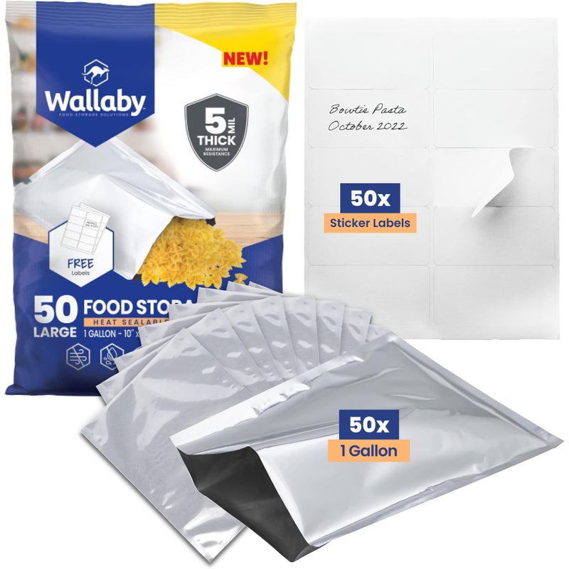 Wallaby 50 Count 1Gallon Mylar Bags with Labels 10 Mil Total Thickness LongTerm Food Storage Pouches 10x14 HeatSealable Airtight Packaging Silver